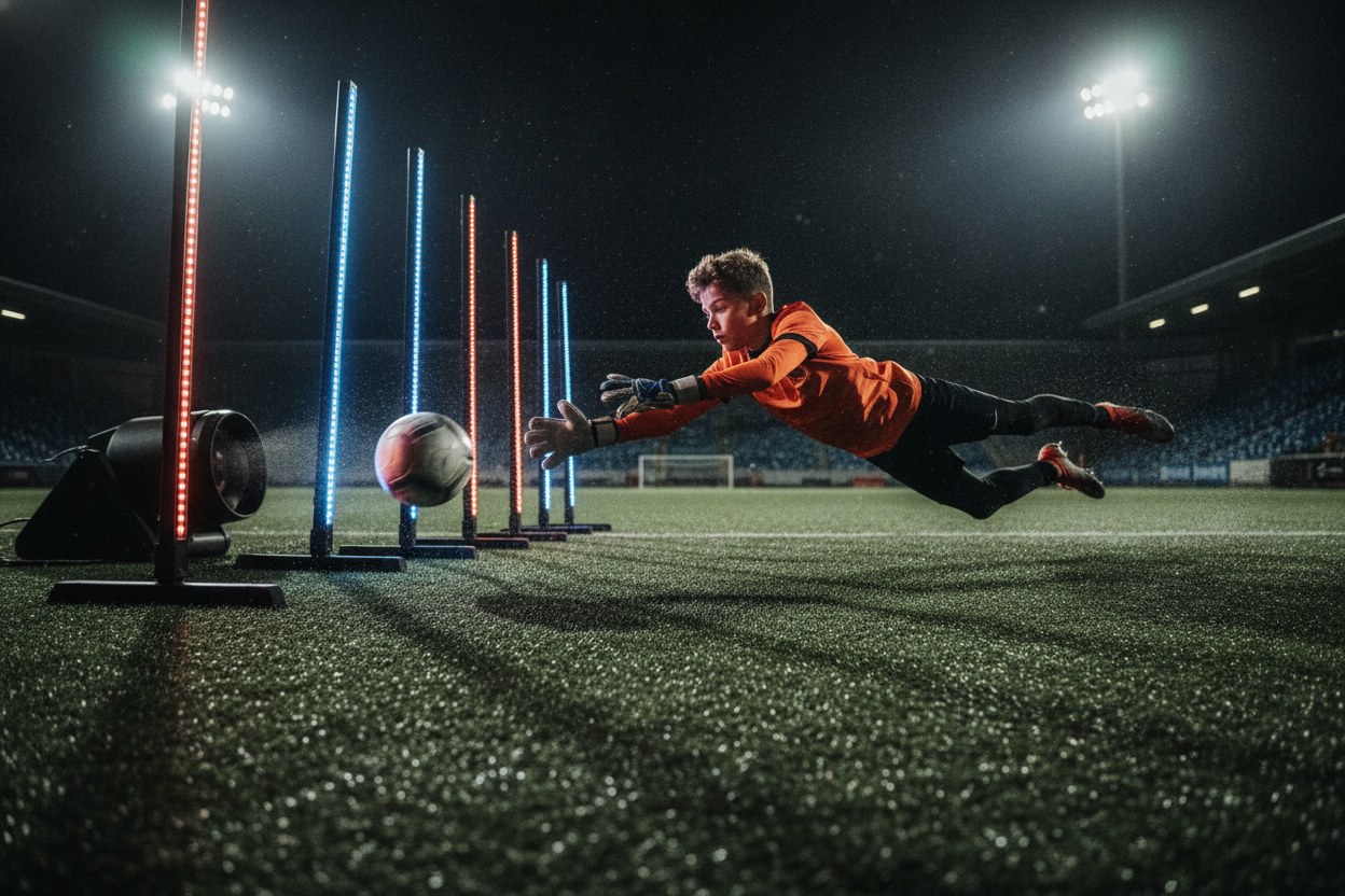 Kaleci refleks antrenmanı sırasında topa uzanırken
